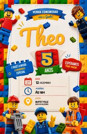 Convite de Aniversário Tema Lego para Editar