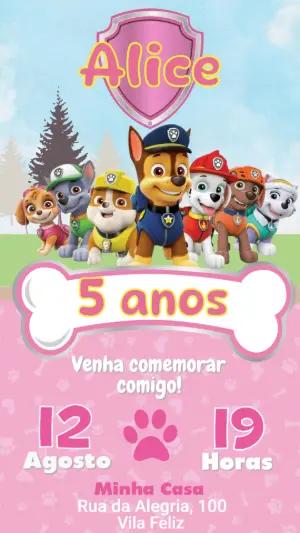 Convite Digital Patrulha Canina Rosa Editável para Menina