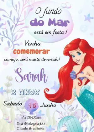 Convite de Aniversário Ariel Fundo do Mar Editável