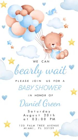 Editable Teddy Bear Baby Shower Invitation with Balloons
