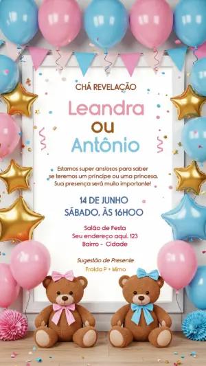 Convite Chá Revelação Ursinhos Azul e Rosa para Editar Online