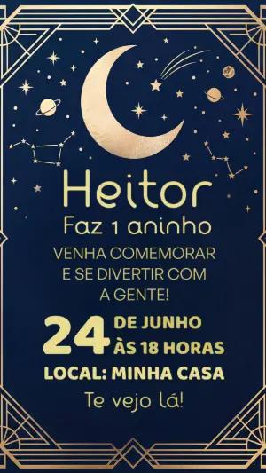 Convite Digital Aniversário Tema Lua e Estrelas para Editar