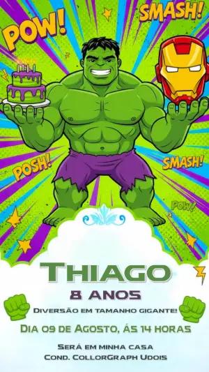 Convite de Aniversário Hulk Super-Herói Editável Estilo Gibi