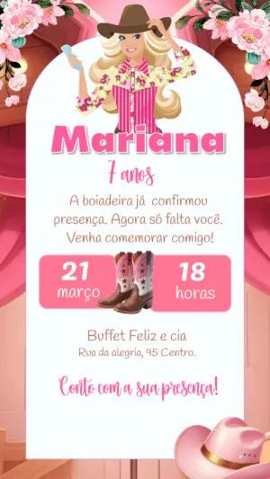 Convite Aniversário Barbie Boiadeira Country para Editar Online
