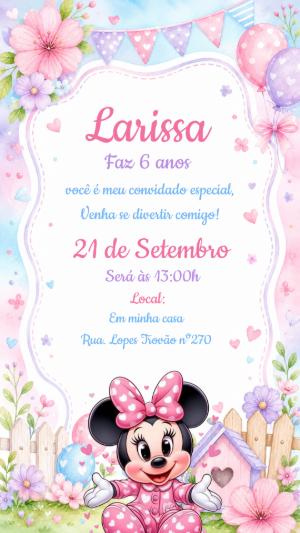 Convite Aniversário Minnie Rosa Pijama Aquarela Editável