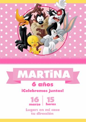 Invitación de Cumpleaños Baby Looney Tunes Rosa para Editar