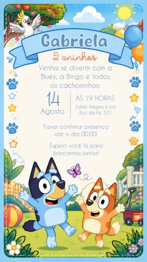 Convite de Aniversário Bluey e Bingo Editável Digital