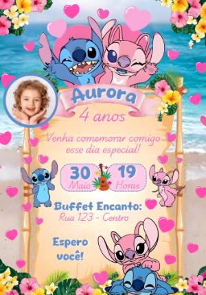 Convite de Aniversário Stitch e Angel Tropical com Foto Editável