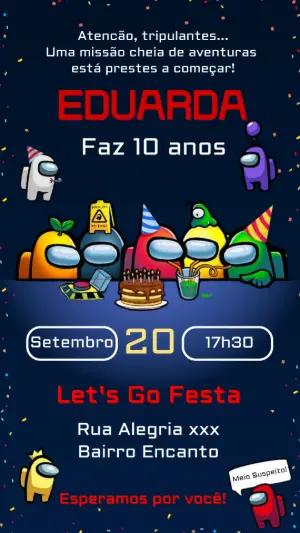 Convite Aniversário Among Us com Tripulantes para Editar Online