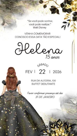 Convite de 15 Anos Preto e Dourado Elegante para Editar