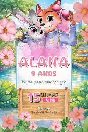 Convite de Aniversário Zootopia Aquarela para Editar