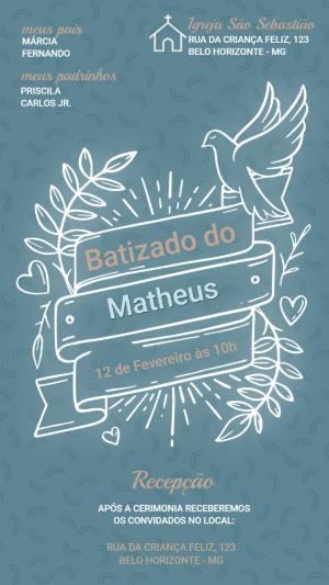 Convite de Batizado Moderno com Pomba e Ramos para Editar