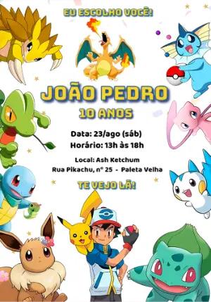 Convite Aniversário Pokémon com Personagens para Editar Online