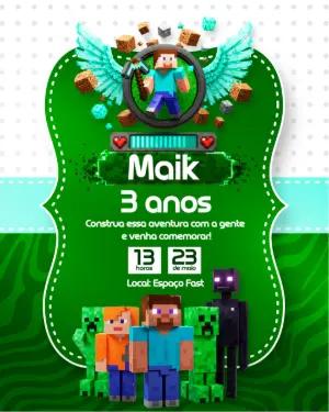 Convite de Aniversário Minecraft com Personagens para Editar