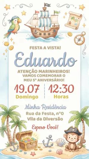 Convite de Aniversário Infantil Pirata em Aquarela para Editar