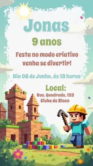 Convite de Aniversário Minecraft com Blocos para Editar Online