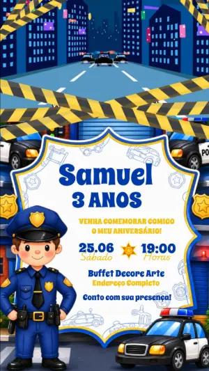 Convite Animado Aniversário Policial Infantil para Editar