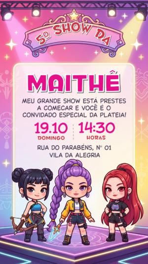 Convite de Aniversário Show K-pop Guerreiras Editável