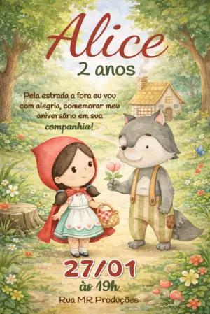 Convite Digital Aniversário Infantil Chapeuzinho Vermelho para Editar
