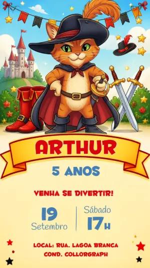 Convite de Aniversário Gato de Botas: Modelo Editável