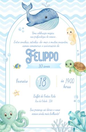 Convite de Aniversário Fundo do Mar Aquarela Editável