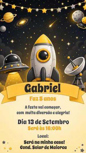 Convite de Aniversário Foguete Espacial | Modelo Digital Editável