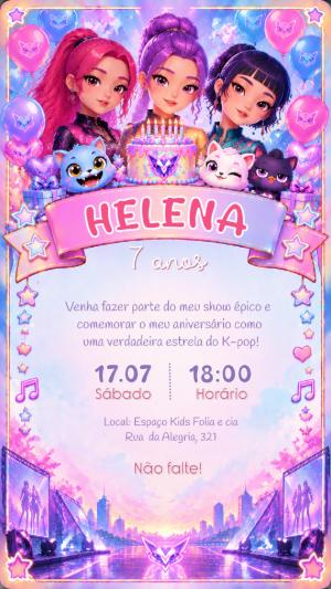 Convite Aniversário K-pop Guerreiras Anime para Editar