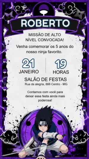 Convite de Aniversário Sasuke Uchiha do Naruto Editável
