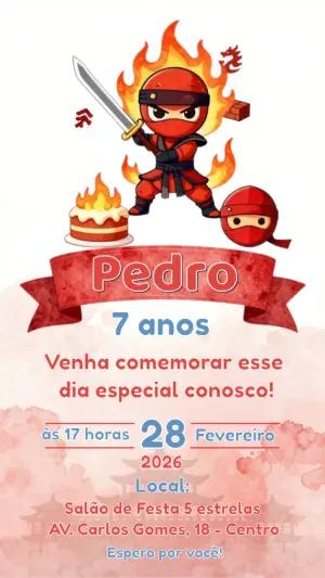 Convite de Aniversário Infantil Tema Ninja Vermelho para Editar