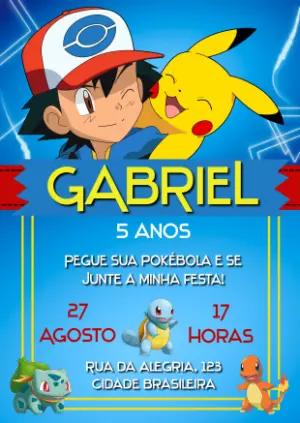 Convite Aniversário Pokémon com Ash e Pikachu para Editar Online
