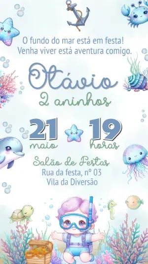 Convite de Aniversário Fundo do Mar Infantil Editável