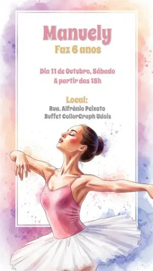 Convite de Aniversário Bailarina Aquarela para Editar Online