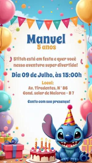Convite Aniversário Stitch para Editar Online