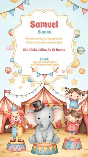 Convite Aniversário Circo com Personagens para Editar Online