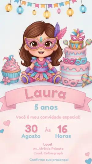 Convite Digital Baile de Máscaras Infantil para Editar