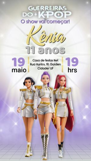 Convite de Aniversário Guerreiras do K-pop Roxo para Editar