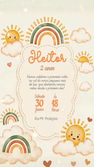 Convite Animado Aniversário Infantil Sol e Arco-íris Boho Editável