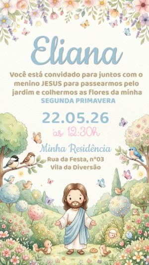 Convite Aniversário Jardim do Menino Jesus Aquarela Editável