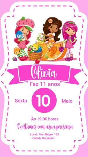 Convite de Aniversário Moranguinho Rosa para Editar