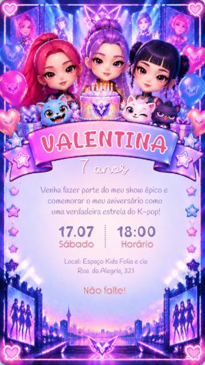 Convite de Aniversário K-pop Guerreiras Editável