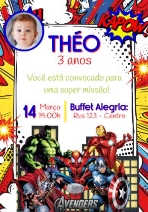Convite de Aniversário Super-Heróis com Foto para Editar