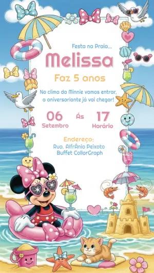 Convite Aniversário Minnie na Praia Editável Online