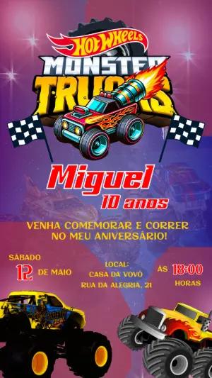 Convite de Aniversário Hot Wheels Monster Trucks para Editar
