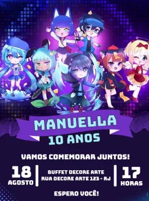 Convite de Aniversário Gacha Life com Personagens para Editar