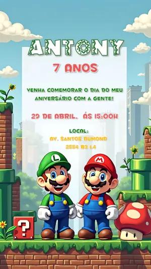 Convite de Aniversário Super Mario e Luigi para Editar Online