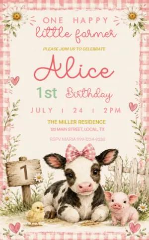 Farm First Birthday Invitation Template for Girl