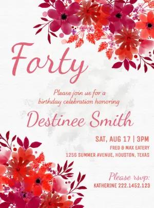 Elegant Floral 40th Birthday Invitation Editable Template