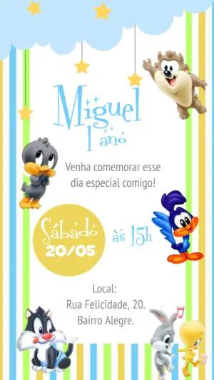 Convite Animado Aniversário Baby Looney Tunes para Editar