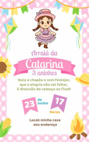 Convite de Aniversário Festa Junina Menina Rosa Editável