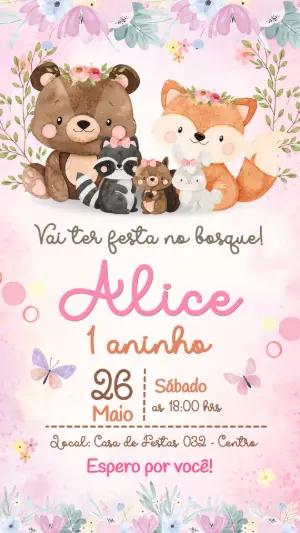 Convite de Aniversário Bosque Encantado Aquarela Editável